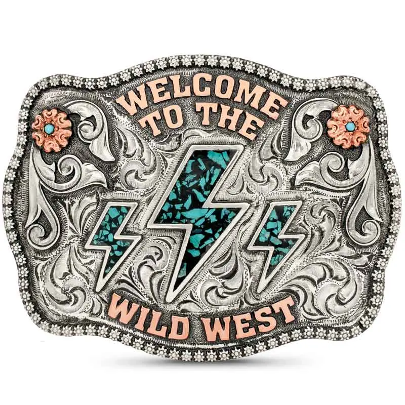 Wild West Belt Buckle - Buckle Decorated Western Accessory with German Silver Base, Copper Lettering, 4 Simulated Turquoise Stones, Lightning Bolt Enamel Figure, Cowboy Aesthetic, Wild West Energy for Western Outfits Instant Flair, Western Belt Buckles