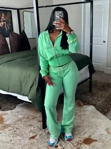 Women's Solid Waffle Knit Fabric Zip Up Fitted Jacket & Pants Two-piece Set, Casual Long Sleeve Zip Front Outerwear & Trousers for Daily Wear, Ladies Fall & Winter Clothes