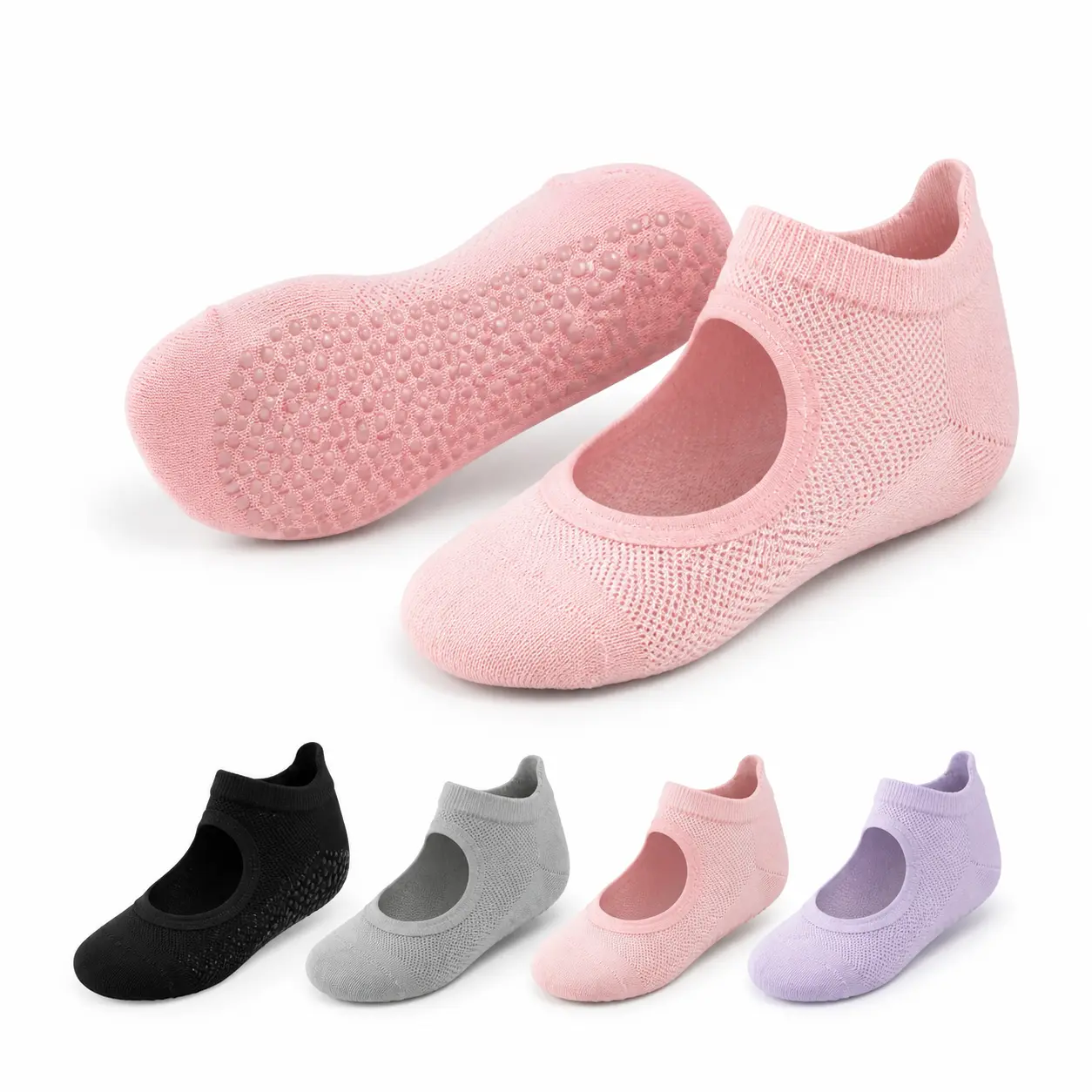 Women's 4 Pairs Pilates Socks One Size, Black Gray Pink Purple