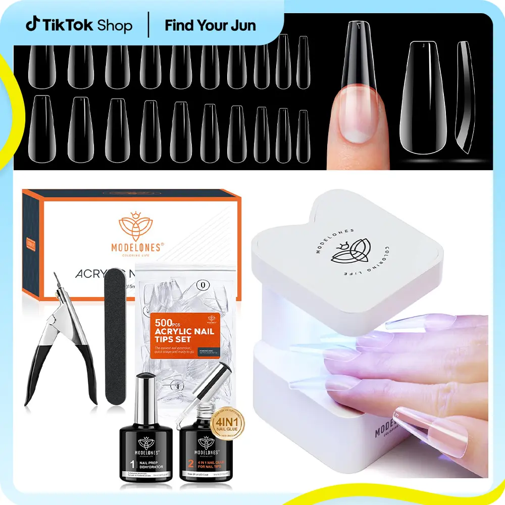 Modelones 500Pcs Soft Nail Tips Kit, 4-in-1 Nail Glue Nail Prep Dehydrate & Portable Led Lamp Nail Clipper, Easy Nail Extension Set, Christmas Gift, Nail Care, Manicure, DIY Nails At Home, Almond Square Coffin Nail Shapes #TikTokShopfalldealsforyou