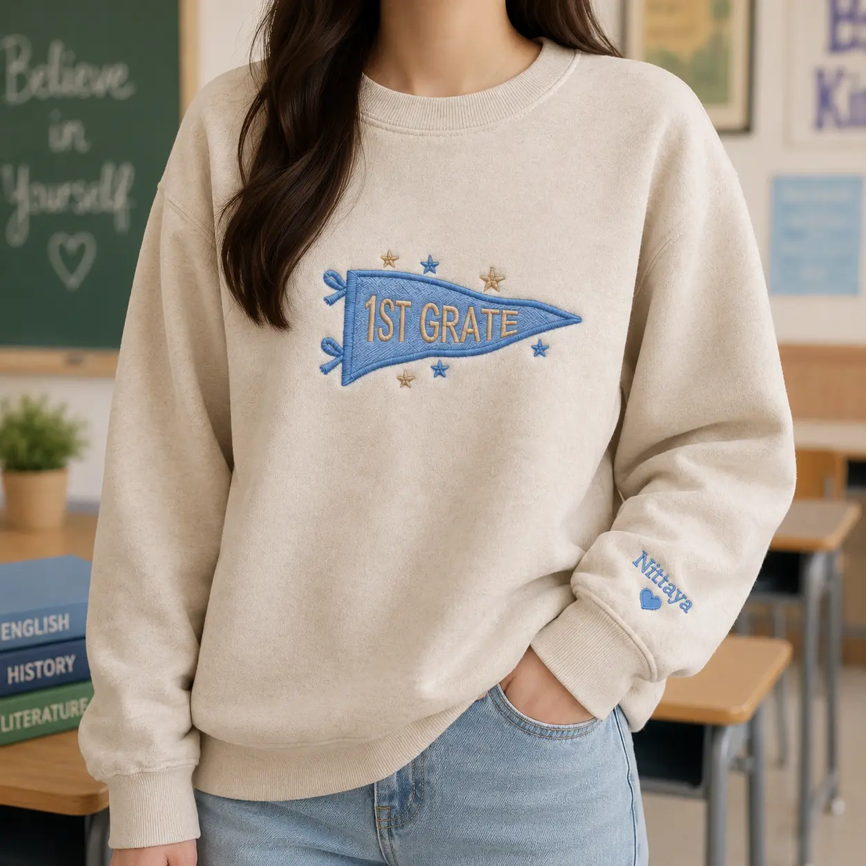 [MADE IN US] Back To School Embroidered Pennant Sweatshirt, Grade Level Crewneck, Teacher Student School Spirit Sweatshirt, Personalized School Gift