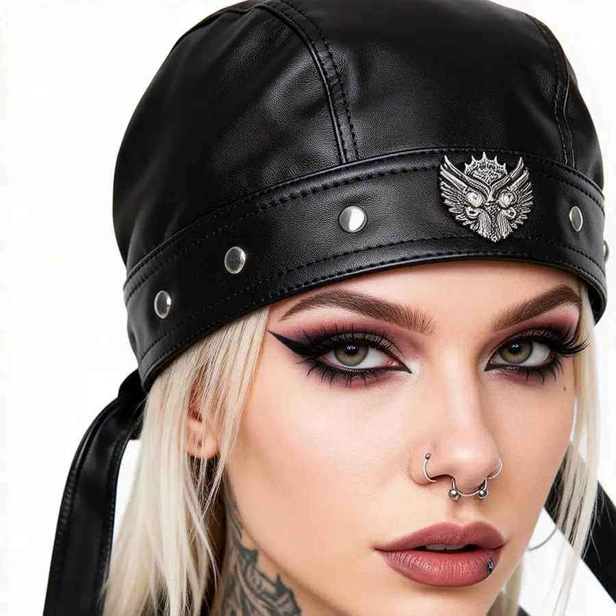 Women Leather Bandana Pirate Cap Adjustable Ties Silver Wing Double Pistol Rivet Headwrap Doo Rags Motorcycle Biker Hair Bonnets Hat Accessories Vintage Chic