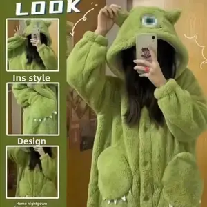 Unisex Green Monster Pajamas – Cute Big Eye Cartoon Fleece Onesie, Soft Warm Winter Loungewear for Home, Cozy Sleepwear Jumpsuit for Men & Women, Fun Costume Pajamas