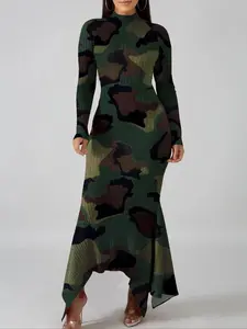 Women's Camo Print Asymmetrical Mock Neck Bodycon Dress, Casual Chic Dress, Elegant Fashion Long Sleeve Dress for Daily Outdoor Wear, Ladies Spring & Fall Clothes