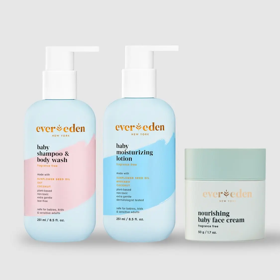 Evereden – Baby Cleanse & Hydrate Bundle | Baby Wash, Face Cream & Body Lotion | Fragrance-Free | For Newborns+