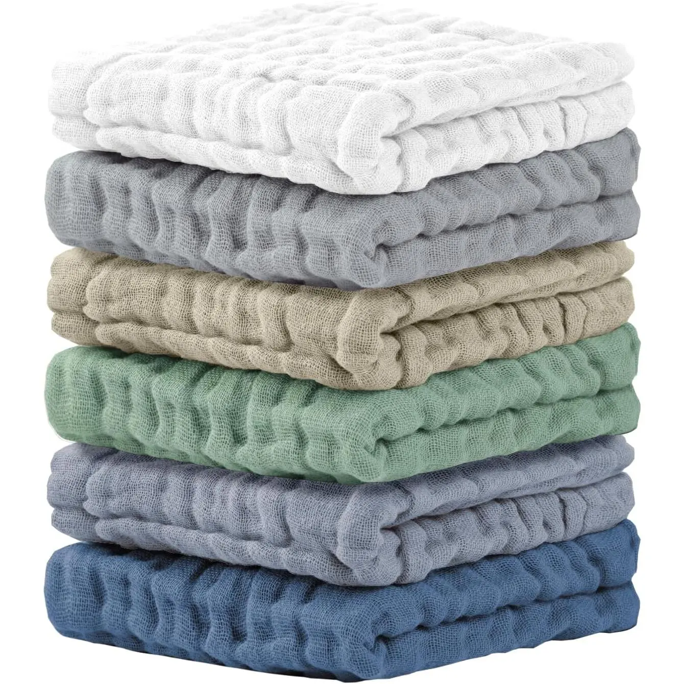Muslin Cotton Bath Washcloths (6-Pack, 12x12 in) - Multipurpose, Washable Reusable Towels, Soft on Skin, Durable, Synthetic, Assorted Colors, All Skin Types, Bathroom Supplies for Bib & Wipe Use