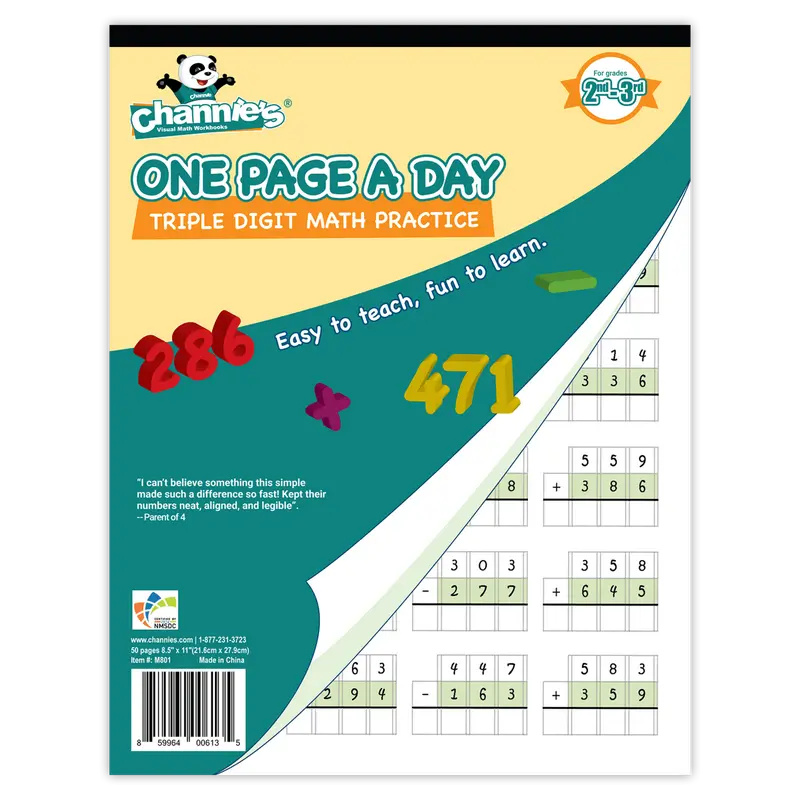 Channie's 1-Page A Day Triple Digit Math Workbook - Visual Addition, Subtraction Practice, Easy-to-Tear-Off Math Practice Sheets, Print-on-Both-Sides, Structured Layout, Focus-on-Accuracy Classroom Supplies for Grades 2-3