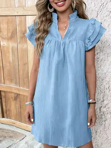 A women's solid color Elegant Bohemian Casual multi-layer ruffled sleeve V-neck pullover dress, Casual Fashionable Dress, suitable for summer, daily casual wear, vacations, dates, gatherings, and othe Womenswear