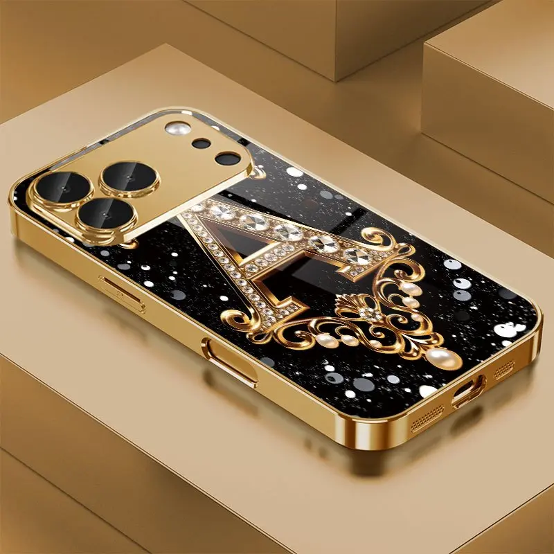 Phone Case: Golden Diamond-encrusted Letter A Pattern Glass Electroplated Phone Case.Compatible with iPhone 17/17 Pro/17 Pro Max/17 Air/16/16 Pro/16 Pro Max/16 Plus/15/15 Pro/15 Pro Max/14/14 Pro/14 Pro Max/13/13 Pro/13 Pro Max/12/12 Pro/12 Pro
