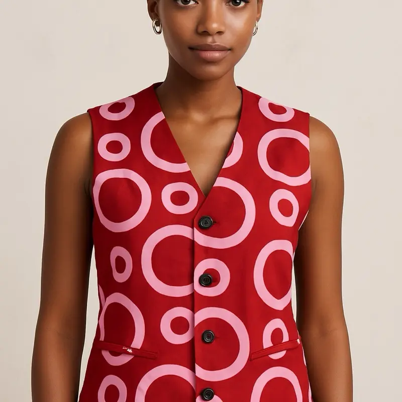 OSF Atelier Red & Pink Circle Print Vest - Premium African Fabric Waistcoat with Bold Eye-Catching Design & Adjustable Back Strap for Summer Wear