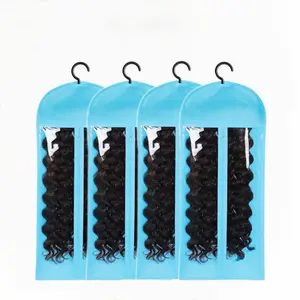 Lake Blue 4 Pack Extra Long Hair Extension Storage Bags with Wooden Hanger Dust-proof Portable Suit Transparent Zip Up Closure Waterproof Lightweight Hairpieces Holder