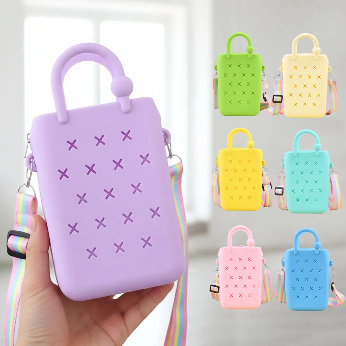 Women's Silicone Crossbody Bag - Casual Plain Street Style, Waterproof, Lightweight, Zipper Closure, Adjustable Fit, Customizable DIY Charm Holes, Non-Washable Messenger Tote