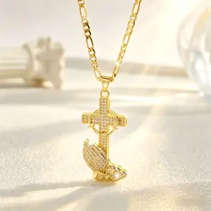 14K Gold Plated Wing Heart Thorn Cross Pendant Full Iced Out Cubic Zirconia Figaro Link Chain Hip Hop Christian Religious Charm for Men Women Street Fashion Jewelry Gift tiara