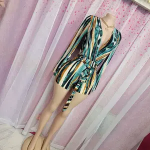 Jump Short - Stylish Striped Romper with V-Neckline and Belted Waist for Women