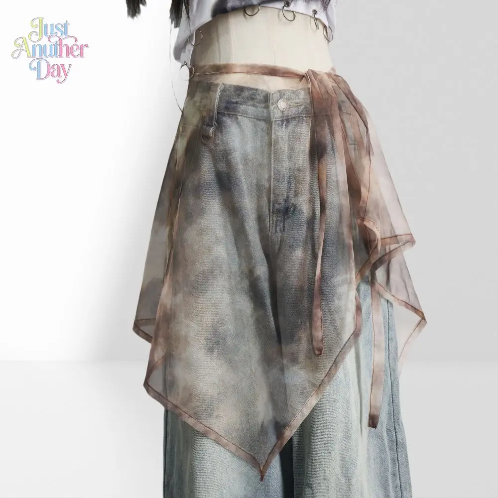 Y2K Grunge Mesh Wrap Skirt Sheer Tie-Dye Waist Cover for Jeans Layered Aesthetic Half Slip Skirt Perfect for Desertcore and Festival Outfits