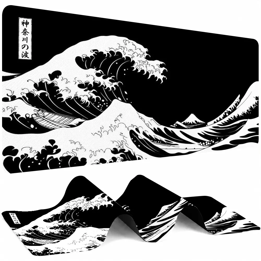 Japanese Great Wave Extended Cloth Gaming Mouse Pad - Large ABS Desk Accessory, Non-Slip Rubber Base, Stitched Edges, Waterproof Surface for Gamer Stuff, PC Accessories Use