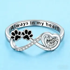 Elegant Diamond-Encrusted Puppy Paw Print Ring with Heart-Shaped Cat Paw Design for Animal Lovers - Sparkling Keepsake Gift