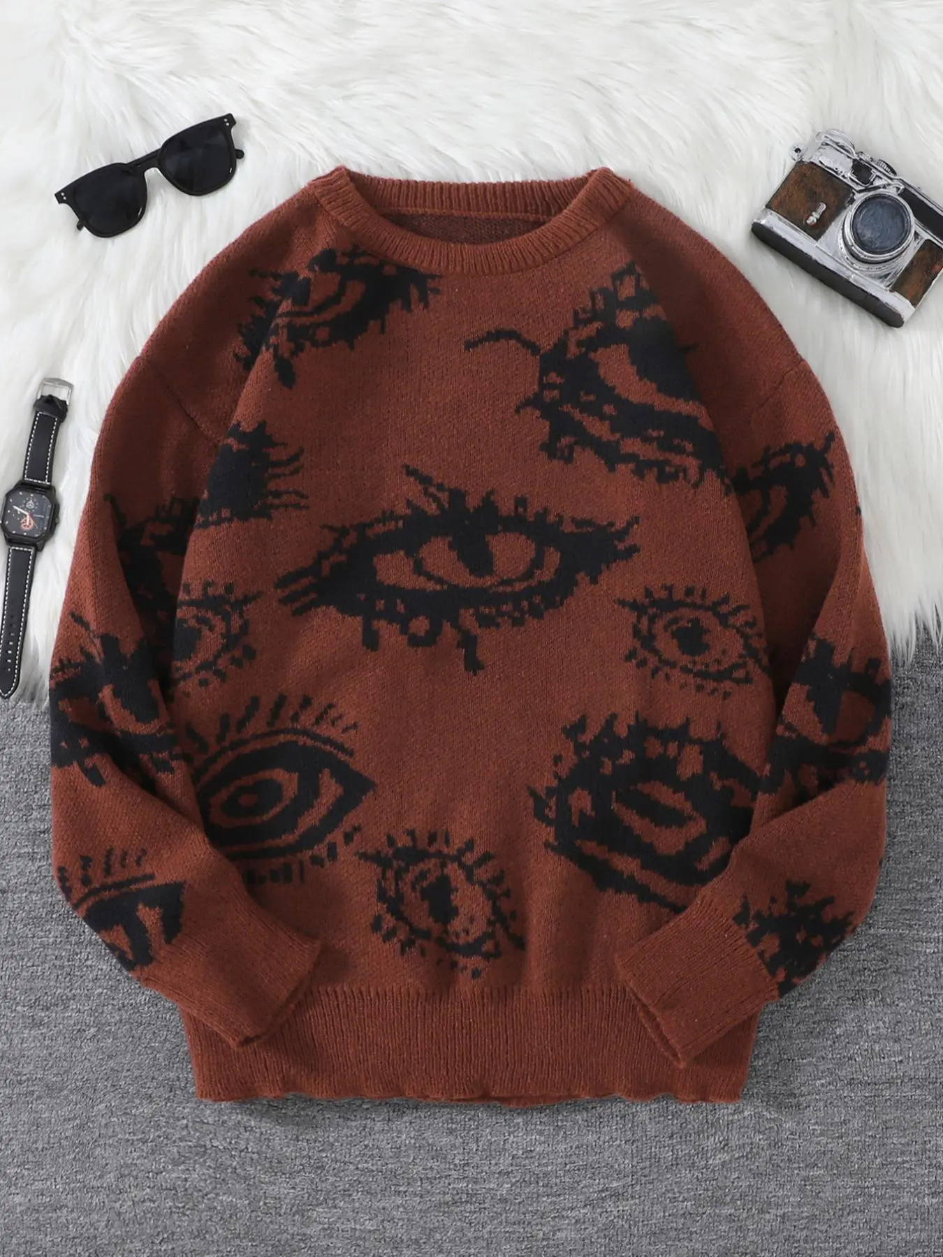 Unisex Halloween Devil Eye Graphic Hoodie Sweater, Round Neck Long Sleeve Knit Top, Asymmetrical Design, Polyester, Fall & Winter Party Wear, Casual, Aesthetic Casual Knitwear, Knitwear, Knit Fabric Pullover