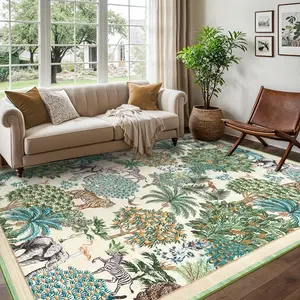 【Christmas Gift】8x10 Runner Rug for Hallway, Washable Floral Throw Rug, Modern Jungle Animal Non Slip Indoor Mat, for Entryway, Laundry, Kitchen, Beige