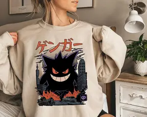 Gengar Sweatshirt, Dark Ghost Kaiju Japanese Style Shirt , Japanese Anime Movie Sweatshirts, Halloween Sweatshirt, Halloween Shirt, Unisex Classic Cotton Graphic Print All Sizes for Men and Women