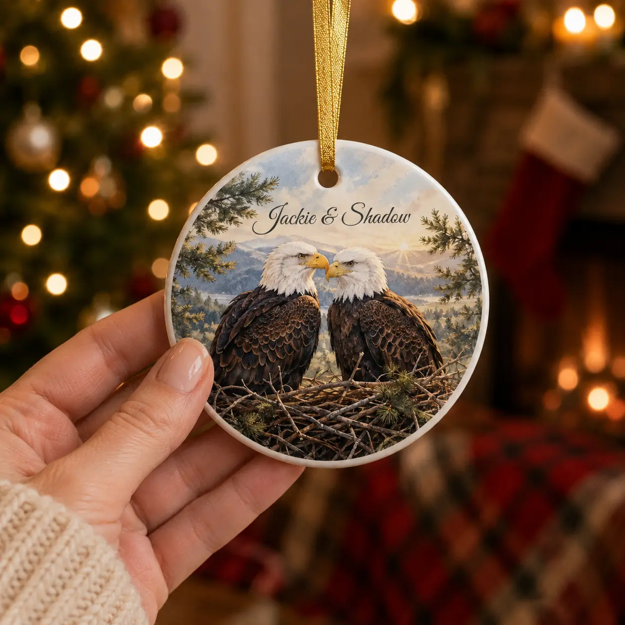 Jackie & Shadow Ceramic Christmas Ornament, Jackie Tribute Memorial Keepsake, Bald Eagle Couple Holiday Tree Decoration