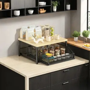 Microwave Shelf with Drawer, Space-Saving Multi-Functional Organizer, Coffee Bar Storage, Ideal for Coffee Maker, Tea Bags, Utensils, Kitchen Storage Solution, Kitchen Storage Rack