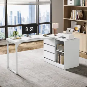 Tribesigns L-Shaped Computer Desk with Drawers and Shelves, Reversible White Corner Office Desk with Storage Cabinet, Modern Study Writing Table for Home Office, Bedroom