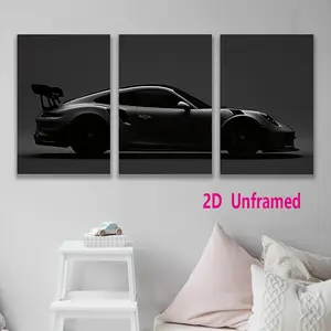 Set of 3   Black Sports Car Art Print   High-quality unframed canvas wall art—a black sports car in a dark monochrome triptych, unframed