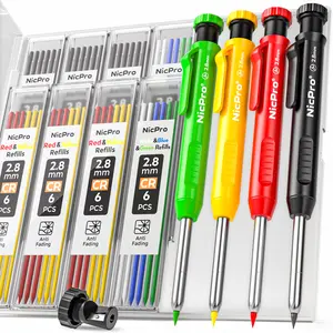 Nicpro 4 Pack 2.8mm Carpenter Pencil with Sharpener, Mechanical Carpenter Pencils with 52 Refills, Construction Pencil Heavy Duty Woodworking Pencils for Architect (Red, Black, Yellow, Blue) Color Marker Set Refillable Ink