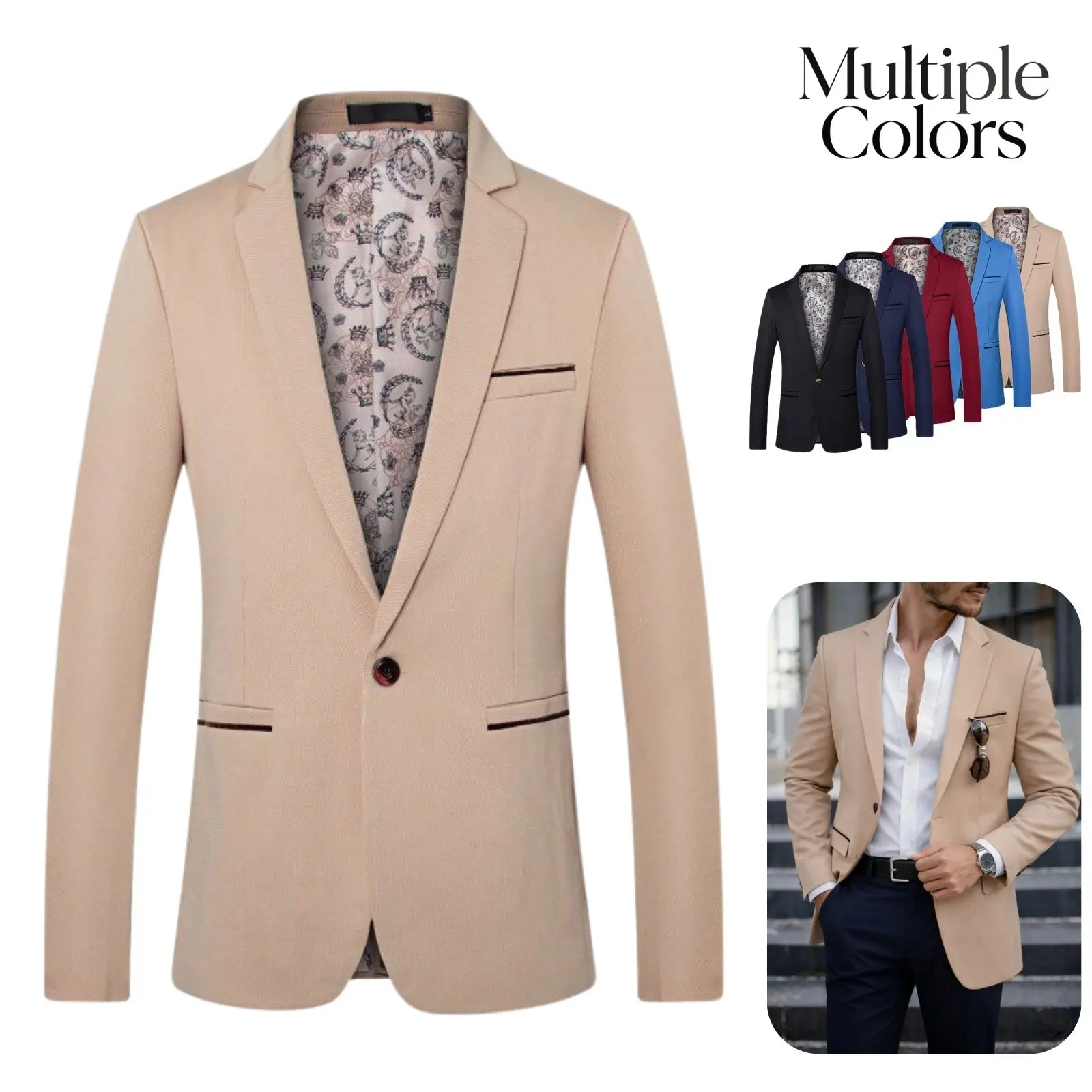 Men's Chic Casual Blazer, Long Sleeve 1-Button Suit Jacket with Contrast Piping and Retro Printed Lining, Button Front, Business Casual Men's Suit Separates, One Button