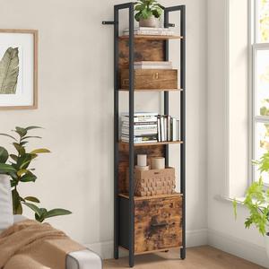 【Holiday Haul】VASAGLE 5-Tier Bookshelf, Book Shelf with Drawer, Industrial Bookcase, with Steel Frame, for Living Room, Home Office, Bedroom, 9.4 x 15.7 x 65 Inches