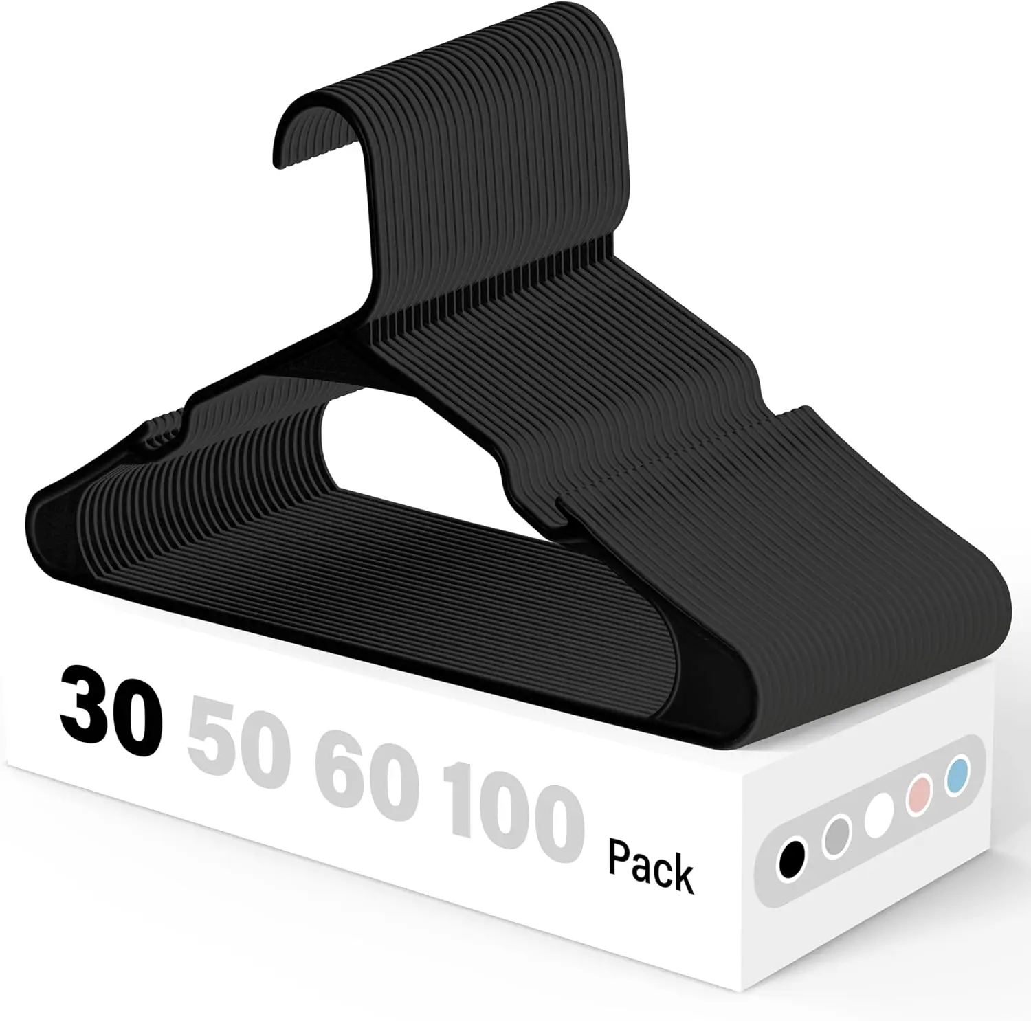 HealSmart 30-Pack Black Plastic Hangers Boxed Set, Heavy Duty Smooth Space-Saving Closet Organizer for Shirts, Coats, Jumpers, Lightweight Non-Slip Design for Dresses, Pants (30 hangers for more storage needs), Hanging