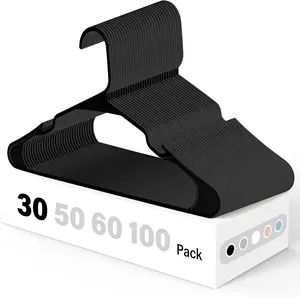 HealSmart 30-Pack Plastic Hangers, Ultra-Durable & Space-Saving Closet Hangers for Shirts, Coats, Dresses & Pants, Lightweight Black Non-Slip Design