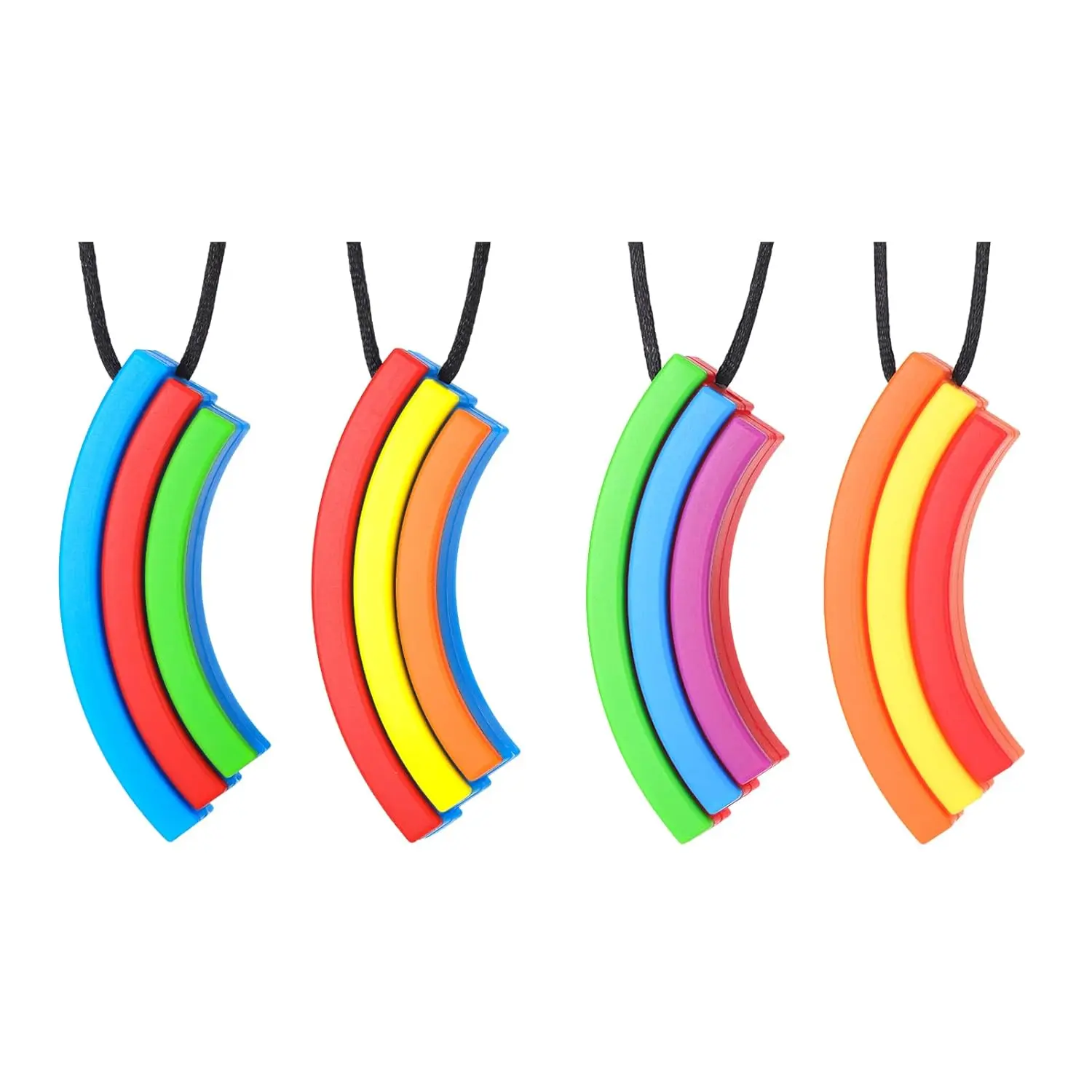Unisex Rainbow Bridge Chew Necklace Set (6 Pcs) - Food-Grade Silicone, BPA-Free, Smooth Surface, Adjustable, Colorful Stripes, Letter Design, Sensory Teether Pendant for Calm, Daily Use, Children's Day Gift