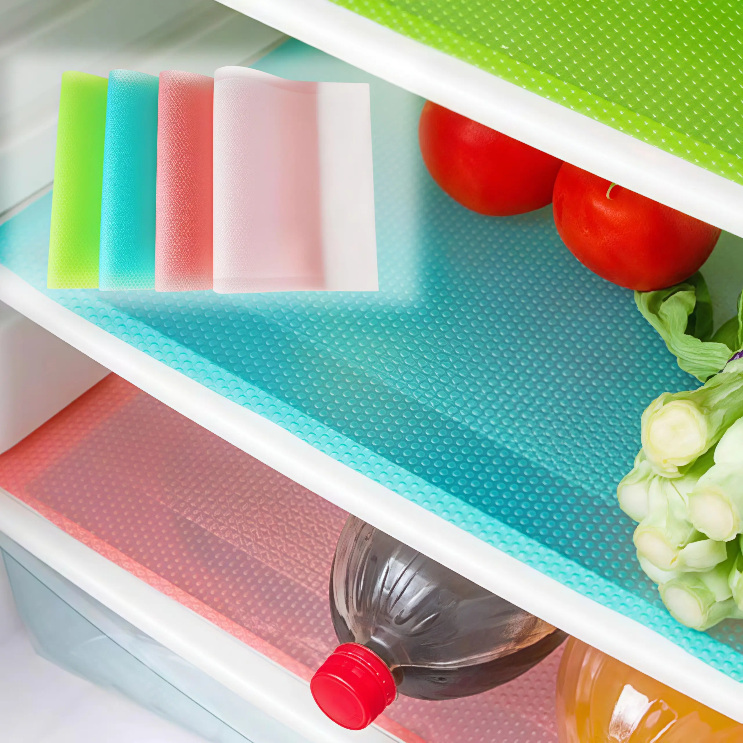 LMMAKE 12PCS Food-Grade EVA Fridge & Drawer Storage Mats - BPA-Free, Heat-Resistant, Waterproof, Washable, Trimmable, Reusable, Durable Dot Texture Stain-Resistant Placemats & Coasters for Kitchen Organization