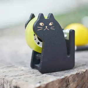 Antique Wooden Tape Cutter Cute Cartoon Cat Design, Sealing and Paper Tape Holder, Manual Packaging Tool, Office Accessories, Paper Cutters