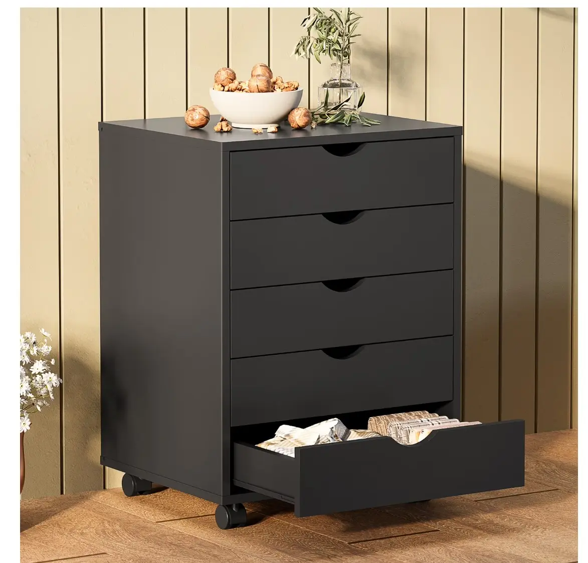 5-Drawer Portable Storage Cabinet on Wheels for Office, Bedroom & Home Organization, Black