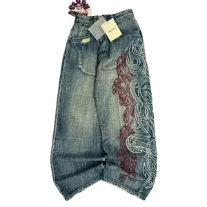 Y2K American New Pattern Embroidery Baggy Jeans Men High Street Vintage Hip Hop Fashion Casual Joker Couple Wide-leg Pants