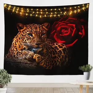 Feelyou Rose Cheetah Print Tapestry - Lightweight Soft Wall Hanging, 3D Leopard Red Rose Floral Animal Theme Wall Art, Tapestry Room Decor for Home Room Decoration