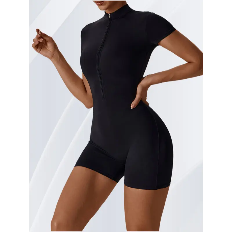 Solid Color Zipper Short Sleeves Unitard, Fitness Bodycon Sports Slim Fit Romper, Women's Activewear