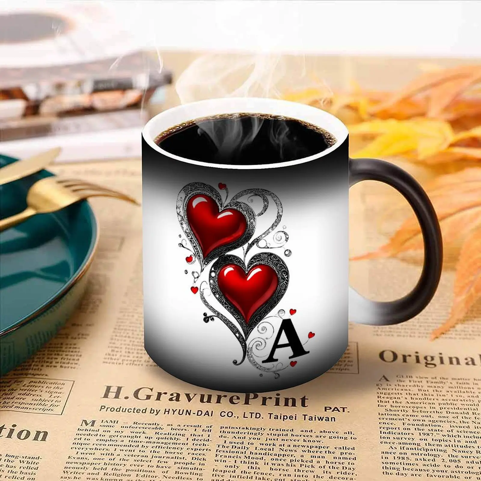 Charming Thermosensitive Color-Changing Ceramic Mug - Shimmering A-Z Initials, Heart Handle, 11 oz/330ml, Mother’s Day Gift