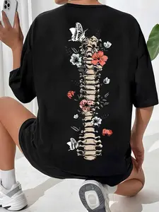 Women's Graphic Drop Shoulder Tee, Fashion Skeleton & Floral Print Half Sleeve T-shirt, Chic Casual Summer Tee Shirts, Going Out Tops 2000s, Graphic Tees Women, Womenswear