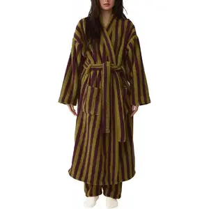 Women’s long fluffy robe with striped plush kimono for warmth, thick and fluffy oversized V-neck casual wear, plus-size bathrobe GARMENTARY