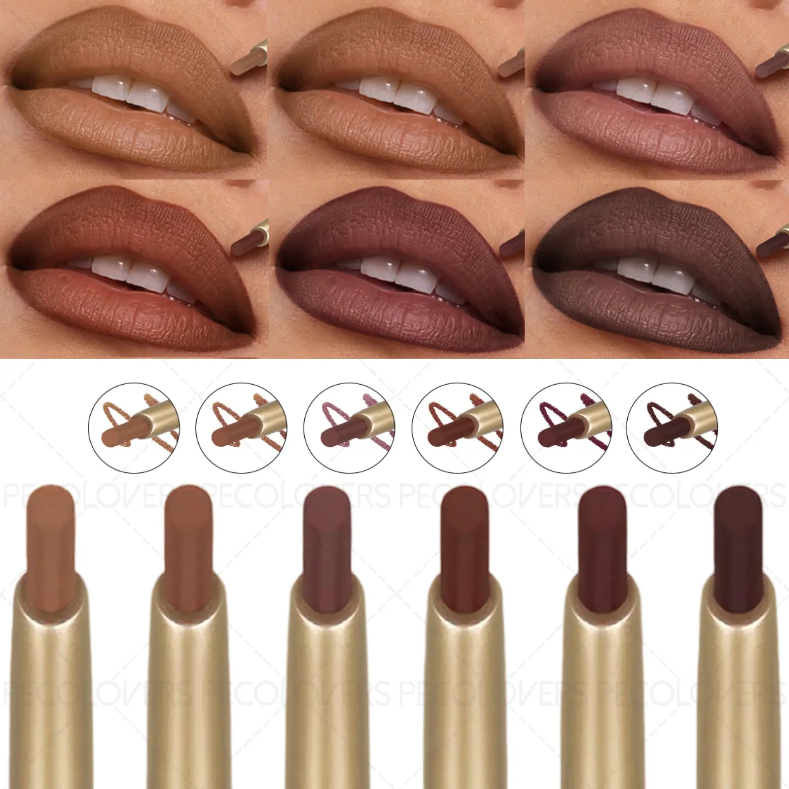 6pcs/set Brown Cosmetic Lip Liner Lipstick, Lip Liner Pen, Velvet Texture, Long-lasting Matte, Autumn and Winter Makeup, Smooth Application, Non-stick Cup, Perfect Halloween Christmas Gift, Lipliner