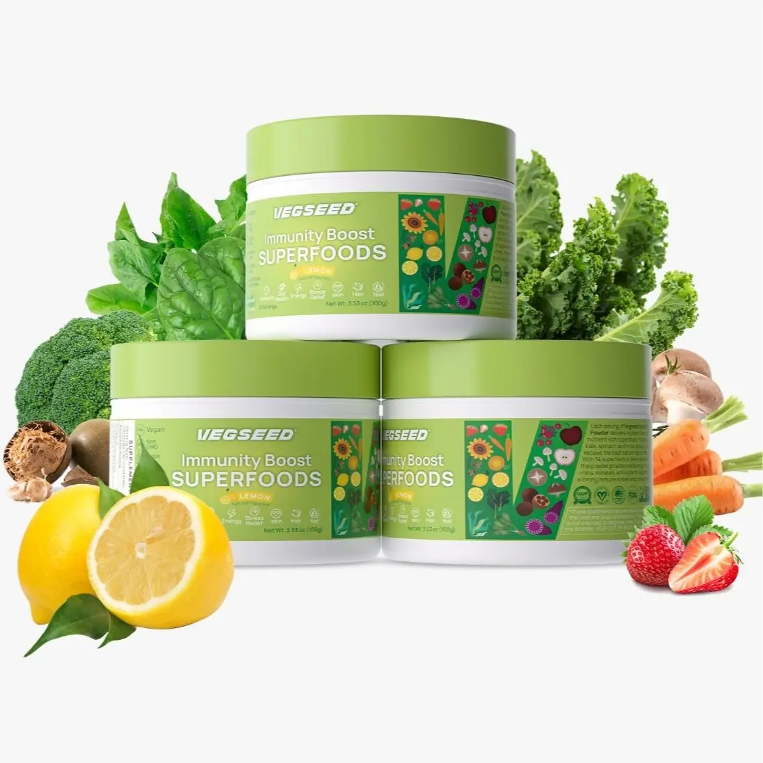 3-Pack Vegseed Immunity Superfoods Powder – 30 Servings Per Container–Immunity, Gut Health, Energy, Stress Relief, Skin, Nails Healthcare Supplement