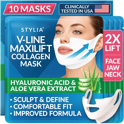 STYLIA V-Line MaxiLift Collagen Face Mask - Enhanced Double Chin Reducer - 10 Masks with Hyaluronic Acid & Aloe Vera for Firming Neck Lift - Dual Zone Fit & Max Lift Power
