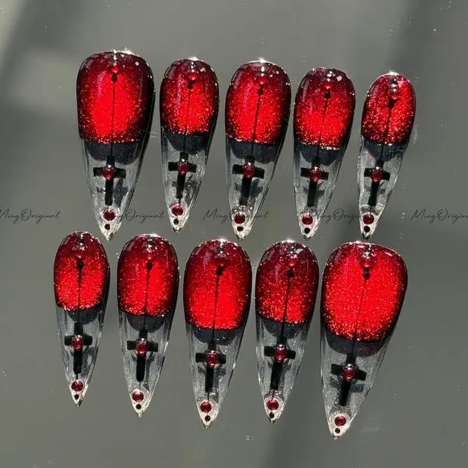 Red Cat Eye Press on Nail 3D Vampire Velvet Glittery Abstract Line And Cross