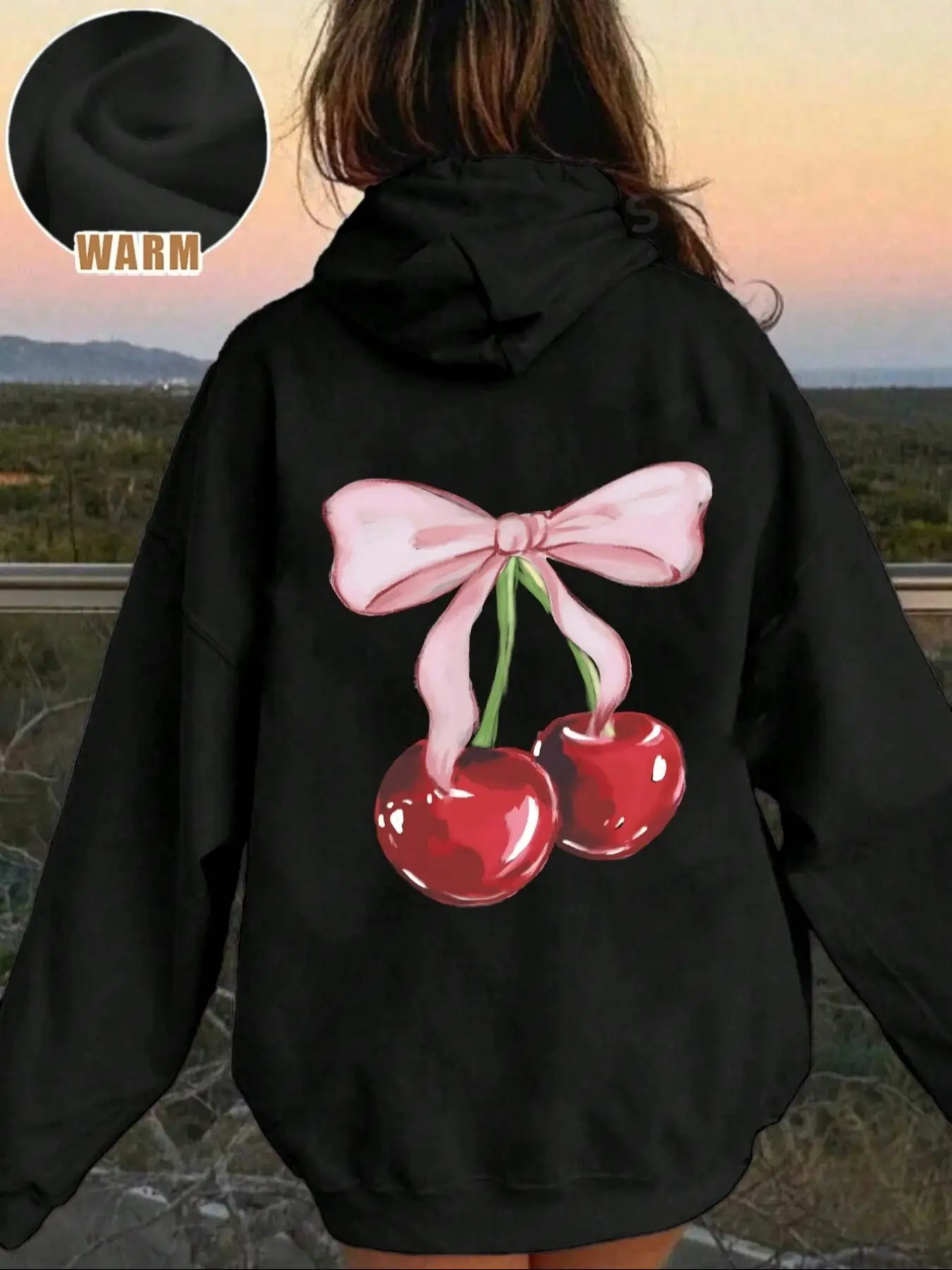 Women's Hooded Sweatshirt with Bowknot and Cherry Print, Casual Loose Fit Pocket Top, Fall Winter Fashion Streetwear, Cute Sweatshirt