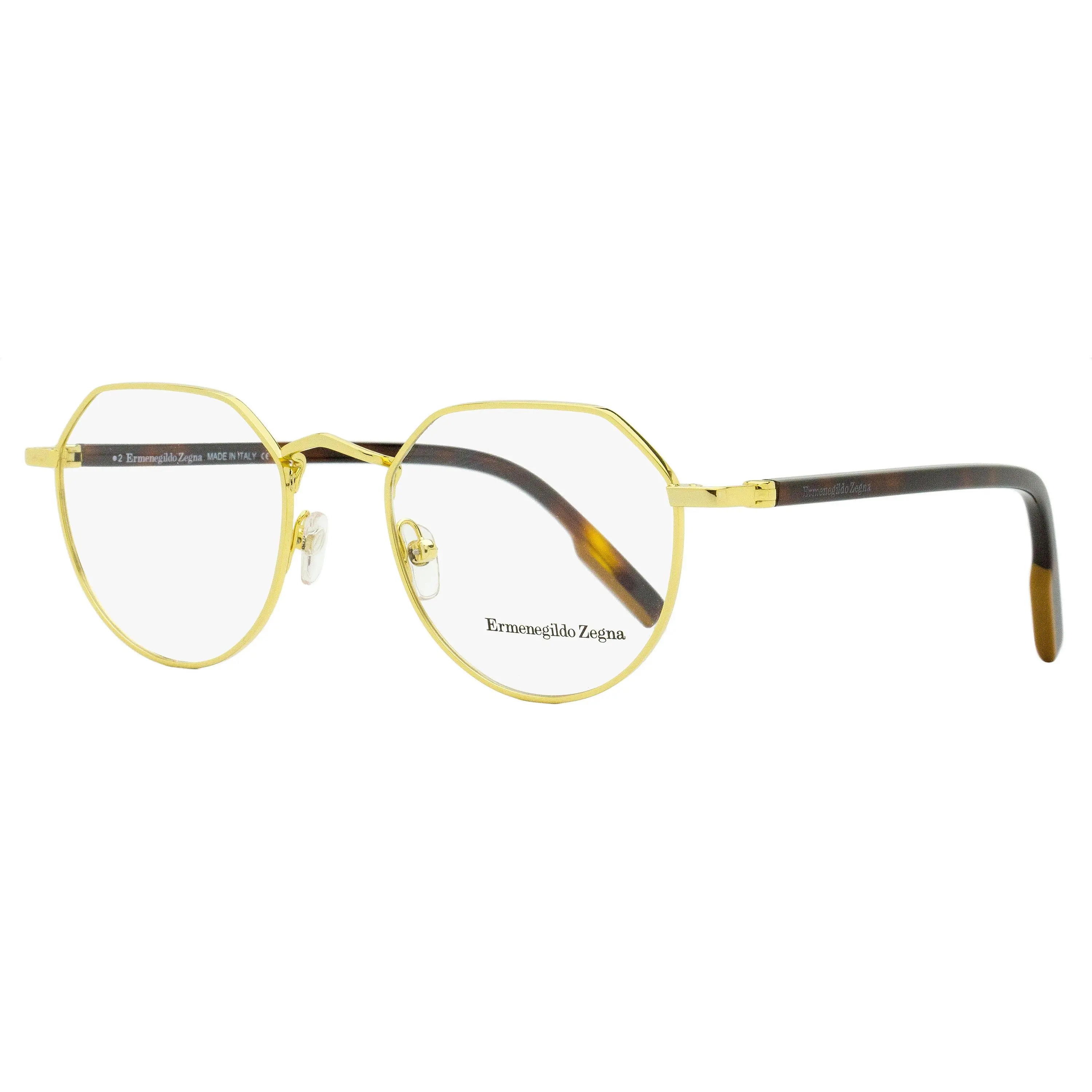 Zegna Geometric Vicuna Metal Frame Eyewear EZ5238-030, Yellow Gold/Havana Acetate Temples, 50mm Geometric Lens Shape Glasses, Bisphenol A (Bpa), Etched Branding, Italian Craftsmanship, Casual Wear, Demo Lenses, Contemporary