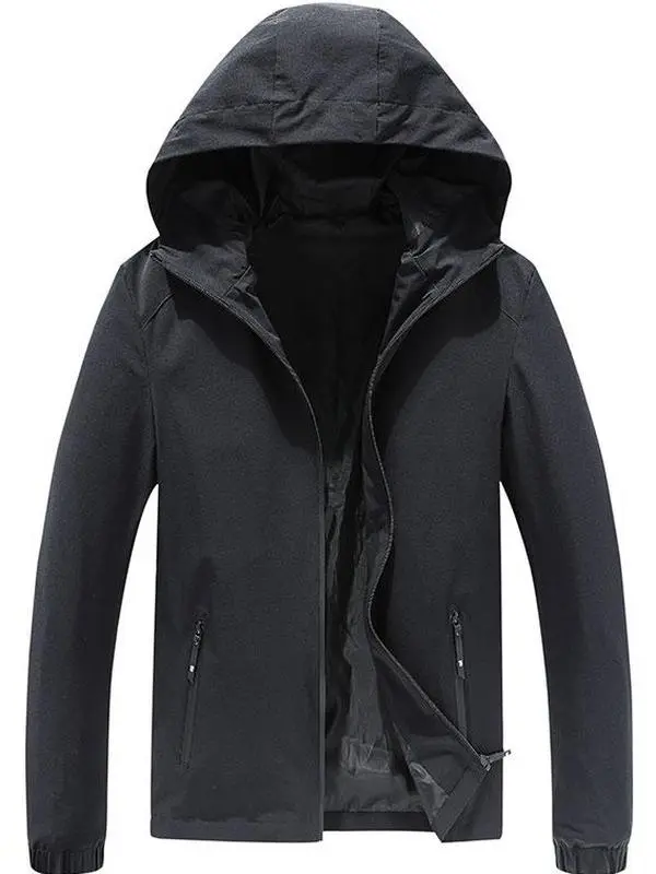 Men’s Plain Polyester Lightweight Hooded Jacket - Menswear Long Sleeve Stylish Coats, Zip-Up Windbreaker with Zippered Pockets, Elastic Cuffs, Water-Resistant Outerwear for Fall Daily Outdoor Wear, lightweight outerwear, fashionable jacket